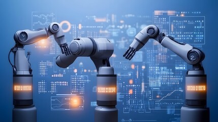 Poster - Industrial robots in a futuristic manufacturing setting.