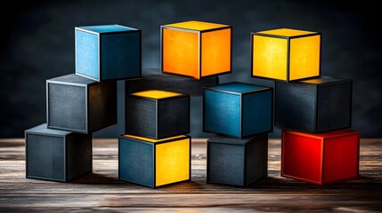 Poster - Colorful cubes stacked on a wooden surface.