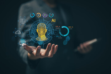 Poster - ai future technology. ai icon in businessman's hand. concept of using ai technology to help in work. calculation and creating something according to the command