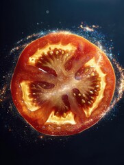 Poster - Surreal Tomato Slice Zoomed in to Resemble a Galaxy, Showcasing Vibrant Colors and Intricate Patterns Against a Dark Background