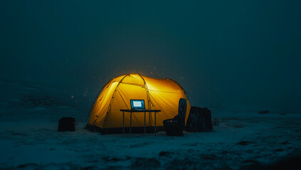 Wall Mural - A yellow tent covered in snow, glowing warmly with orange lights inside and out.