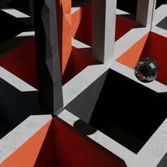 Aufkleber - Abstract 3D rendering of a geometric maze with a reflective sphere.