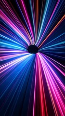 Poster - Vibrant light streaks converge towards a central void, creating an abstract sense of speed, motion, and digital energy flow on dark background