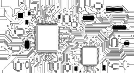 Poster - A complex black and white circuit board with chips and connections, isolated on white 