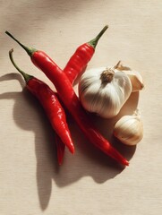 Poster - Fresh Red Chili and Garlic Arranged in a Clean Still Life With Sharp Shadows Highlighting Their Shapes