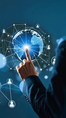 Poster - Person in suit interacting with digital globe, connecting with virtual icons; depicting global network, communication, technology, and innovation.