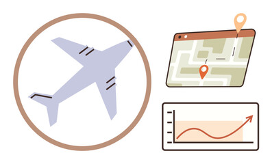 Poster - Airplane inside circle, map with location pins, and upward graph line. Ideal for travel, navigation, logistics, tourism, data analysis transportation growth visualization. Simple flat metaphor