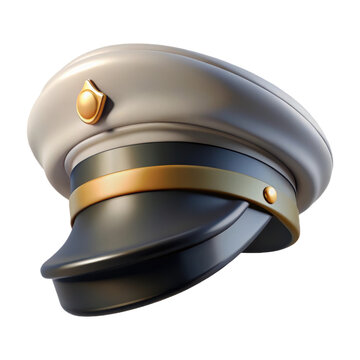 A stylized 3d rendered light colored peaked cap with a black brim and gold trim and emblem isolated on a white background