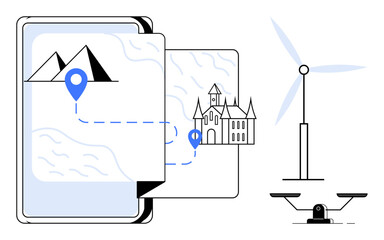 Poster - Smartphone displaying map with mountain and castle as destinations, wind turbine for eco-energy focus, and scale representing balance. Ideal for travel, technology, sustainability, eco-tourism