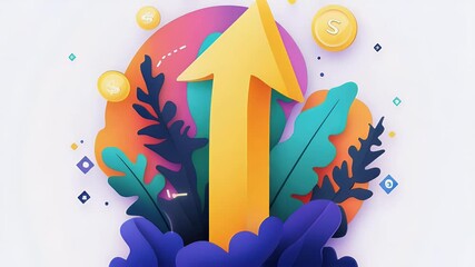 Poster - Animated upward arrow on a floral background with coins and a light purple backdrop symbolizing growth and achievement.