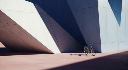 Aufkleber - Bicycle parked beneath a modern architectural structure, showcasing geometric shapes and shadows.