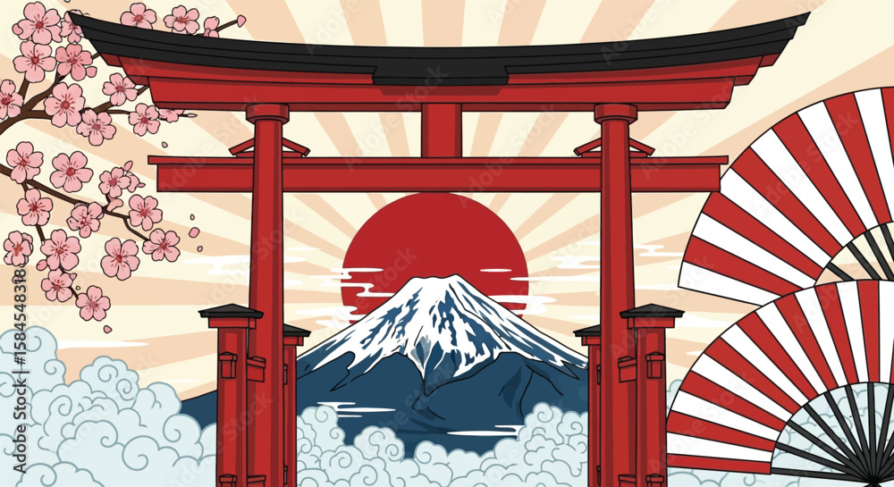 Illustration of a red Torii gate framing Mount Fuji with cherry ...