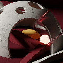 Aufkleber - Abstract 3D rendering of geometric shapes;  a textured white archway, crimson planes, and glowing elements.