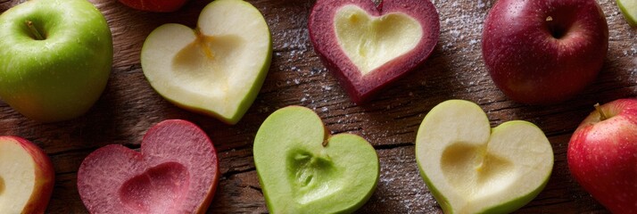 Poster - Sliced Apples Arranged in Heart Shapes on a Rustic Wooden Surface, Promoting Wellness and Healthy Living