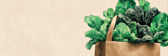 Poster - Watercolor Leafy Greens Spilling From a Paper Bag Creates a Vibrant Display on a Clean White Surface