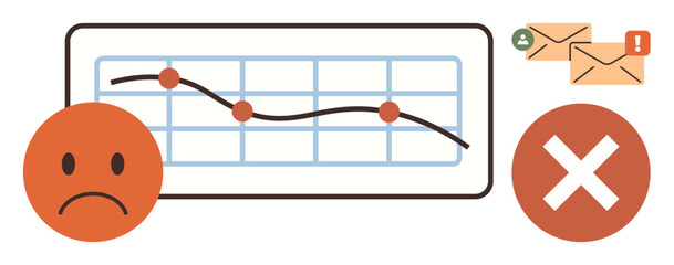 Poster - Downward trend chart with red points, sad face, alert emails, and error mark. Ideal for business setbacks, analytics, performance management, failure analysis alerts problem-solving. Simple flat