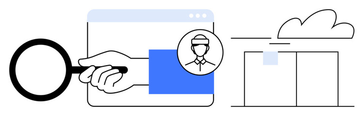Poster - Magnifying glass highlighting user profile with hand managing data window and cloud in the background. Ideal for data security, analysis, identity verification, cloud computing, user engagement