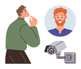 Poster - Man observing security camera feed on a circular screen featuring a mans profile. Ideal for surveillance, observation, identity, security, monitoring, technology, facial recognition concepts. Simple