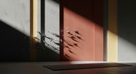 Poster - Sunlight casts shadows of small flowers on a textured wall with vertical panels of gray, yellow, and terracotta hues.