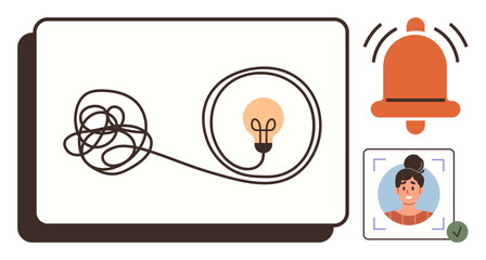 Poster - Tangled wire forming a lightbulb shape, alert bell, and verified profile photo. Ideal for creativity, problem-solving, user authentication, notifications, identity verification, innovation