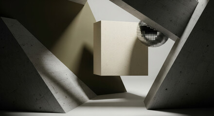 Aufkleber - Abstract arrangement featuring a beige cube, concrete triangles, and a disco ball, creating a geometric composition with light and shadows.