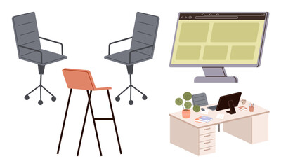 Poster - Office chairs, high stool, desk with computer, potted plant, workspace items, and screen, showcasing a professional setup. Ideal for office, remote work productivity collaboration design