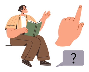 Poster - Man reading book while gesturing, highlighting a raised finger and a question bubble. Ideal for curiosity, education, discussion, learning, problem-solving, exploration decision-making. Simple flat