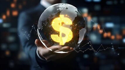 Poster - Generic person holding digital glowing currency sign in their palms against a blurred cityscape representing finance and business concept