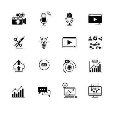 A collection of sixteen black and white icons depicting various aspects of digital media creation and online content distribution.