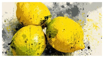 Poster - Layered Digital Collage Featuring Bright Lemons With Ink and Splatter Effects Showcasing Vibrant Citrus Details and Blank Space at the Top