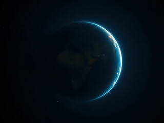 glowing view of earth from space, showcasing crescent of light on planet edge against dark backgroun