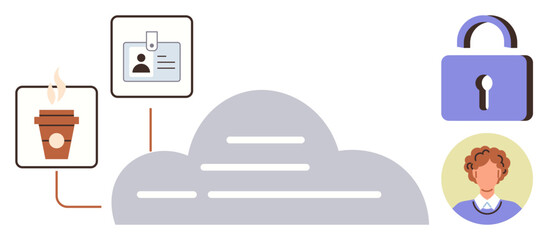 Poster - Grey cloud with a coffee cup, identification card, lock symbol, and avatar connected digitally. Ideal for data security, user privacy, networking, identity verification, cloud storage digital