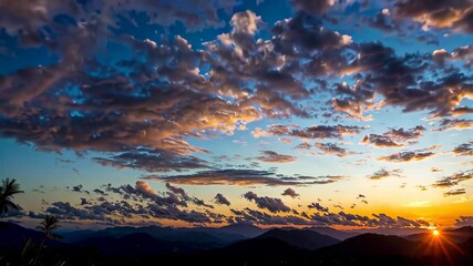Wall Mural - arafed view of a sunset with clouds and mountains in the background