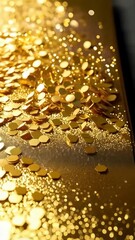 Poster - Shiny gold confetti raining down, scattered across a reflective surface, creating a festive and luxurious atmosphere with glimmering bokeh.