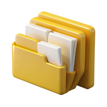 A yellow folder icon with white documents inside on a black background in a rendered style view