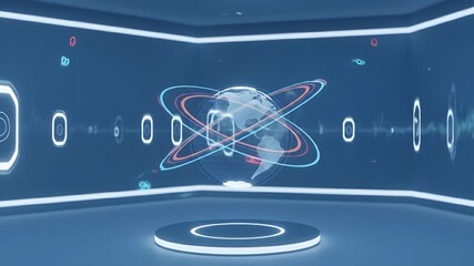 Aufkleber - Virtual Stage for Science: A futuristic, virtual stage showcasing a holographic globe with orbiting rings, symbolizing scientific advancement and global connectivity, perfect for presentations.