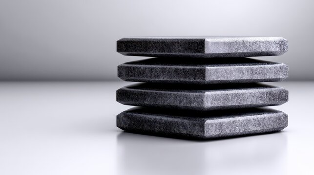 A stepped concrete podium with a matte finish isolated on a white background. A smooth gray platform a single architectural element perfectly rendered against a pure white backdrop