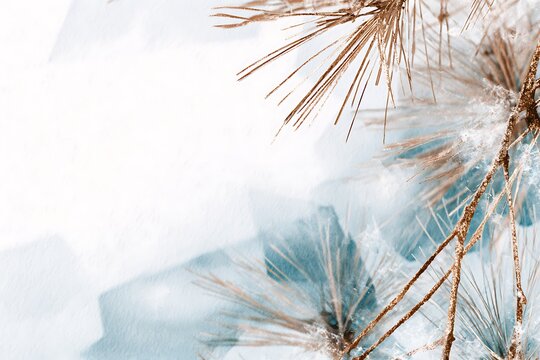 Minimalist banner template with white, light blue, and gold color palette, blank left space for text or product, abstract pine leaves on right