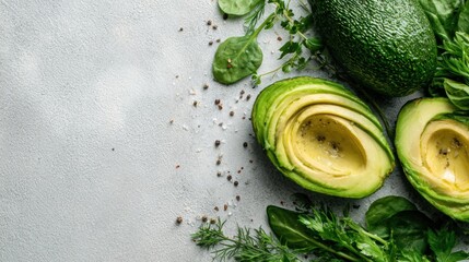 Poster - Enjoying Fresh Sliced Avocado Alongside Nutrient-Packed Greens on a Clean Surface With Space for a Creative Title