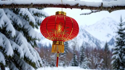 Wall Mural - there is a red lantern hanging from a tree branch in the snow
