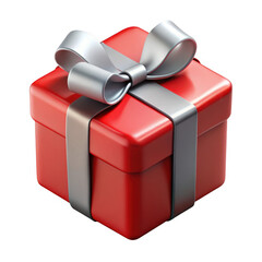 Poster - 3d red gift box with silver ribbon isolated on transparent background