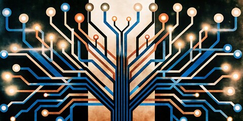 Fototapete - An intricate network of glowing circuits and nodes forms an abstract technological pattern.