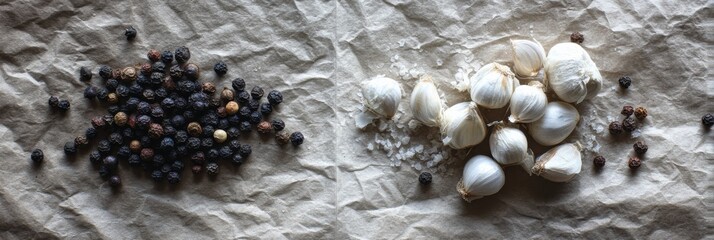 Aufkleber - Exploring the Simplicity of Black Peppercorns and Garlic on Parchment in a Minimalist Culinary Setting