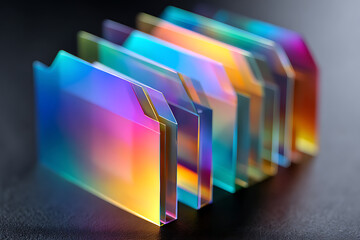 Poster - Colorful Glass Prisms Arranged in a Vibrant Display on a Dark Surface Showcasing Unique Light Effects