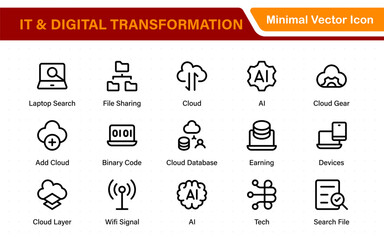 Fototapete - IT and Digital Transformation Icon Set. Collection of High‑Quality Information Technology Icons. Industry 4.0, Big Data, AI, and Tech Progress Symbols.