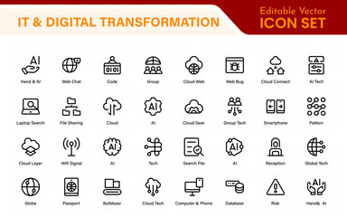 Fototapete - IT and Digital Transformation Icon Set. Collection of High‑Quality Information Technology Icons. Industry 4.0, Big Data, AI, and Tech Progress Symbols.