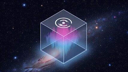 Aufkleber - Cosmic Cube: An ethereal cube floats against the backdrop of the cosmos, its interior pulsating with vibrant, multicolored light, suggesting the convergence of energy and data in a realm beyond Earth.