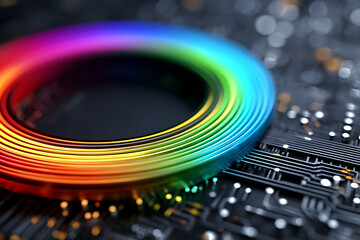 Poster - Colorful Circular Pattern on a Black Circuit Board During a Technology-Inspired Concept Visualization