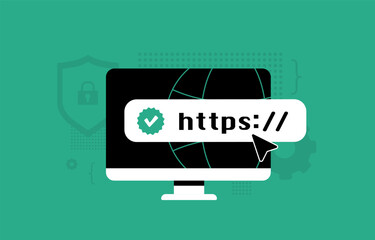 Poster - HTTPS security padlock with SSL encryption and lock icon for safe web migration, perfect for secure web site setup visuals. HTTPS security clean modern style vector illustration