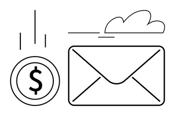 Poster - Dollar coin and envelope under cloud with dynamic lines imply online financial communications or payments. Ideal for banking, e-commerce, finance, transactions, cloud services, messaging, and digital